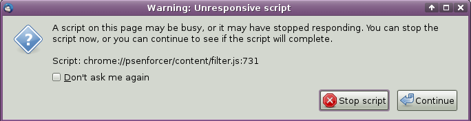 Dialog warning the user of a slow script in Mozilla Thunderbird.