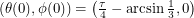 $ (\theta(0), \phi(0)) = \left (\frac{\tau}{4} - \arcsin \frac{1}{3}, 0 \right ) $