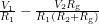 $ \frac{V_1}{R_1} - \frac{V_2 R_{\textup{g}}}{R_1(R_2 + R_{\textup{g}})} $